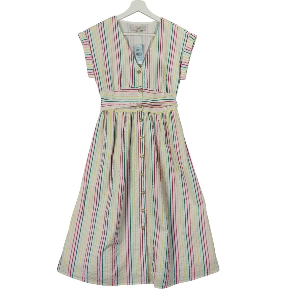 LOFT Womens Preppy Coastal‎ Midi Dress 00P White Rainbow Stripe Seersucker NEW